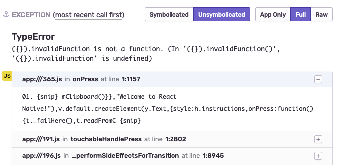 Unsymbolicated stack trace from a React Native app in Sentry
