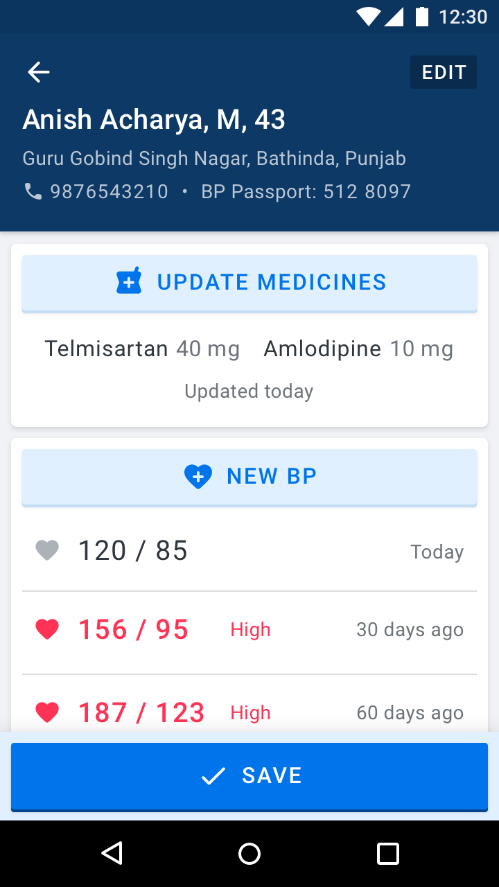 Simple app from Resolve to Save Lives - patient summary including blood pressure readings and medications