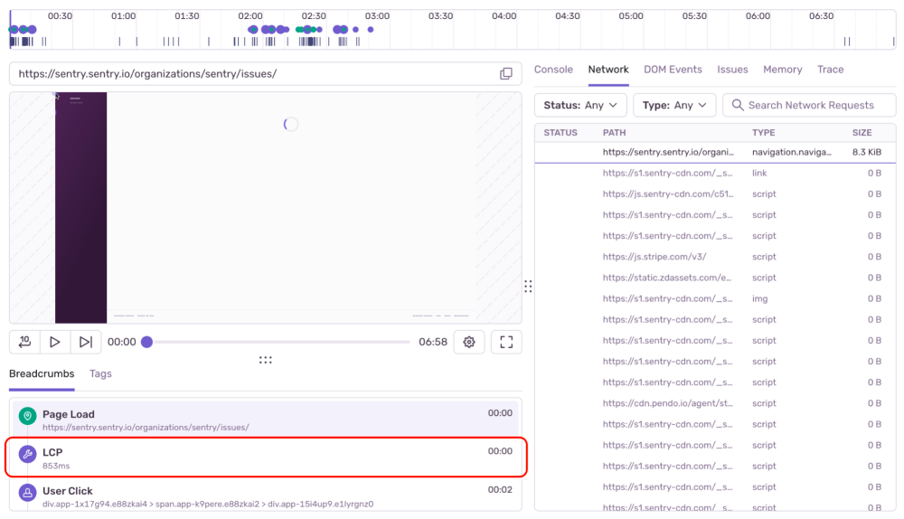 Navigate within the breadcrumbs of the replay to the specific page navigations, page loads, as well as the Largest Contentful Paint (LCP) the user experienced so you can immediately see, for example, a slow-loading image in your checkout flow and just how painful it was for your user to wait for it to load.