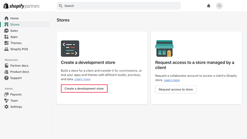 Screenshot of the Shopify Partners dashboard showing the Stores page with the “Create a development store” button highlighted, used to build and test Shopify development stores.