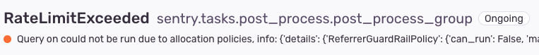 A screenshot of a `RateLimitExceeded` issue on Sentry.