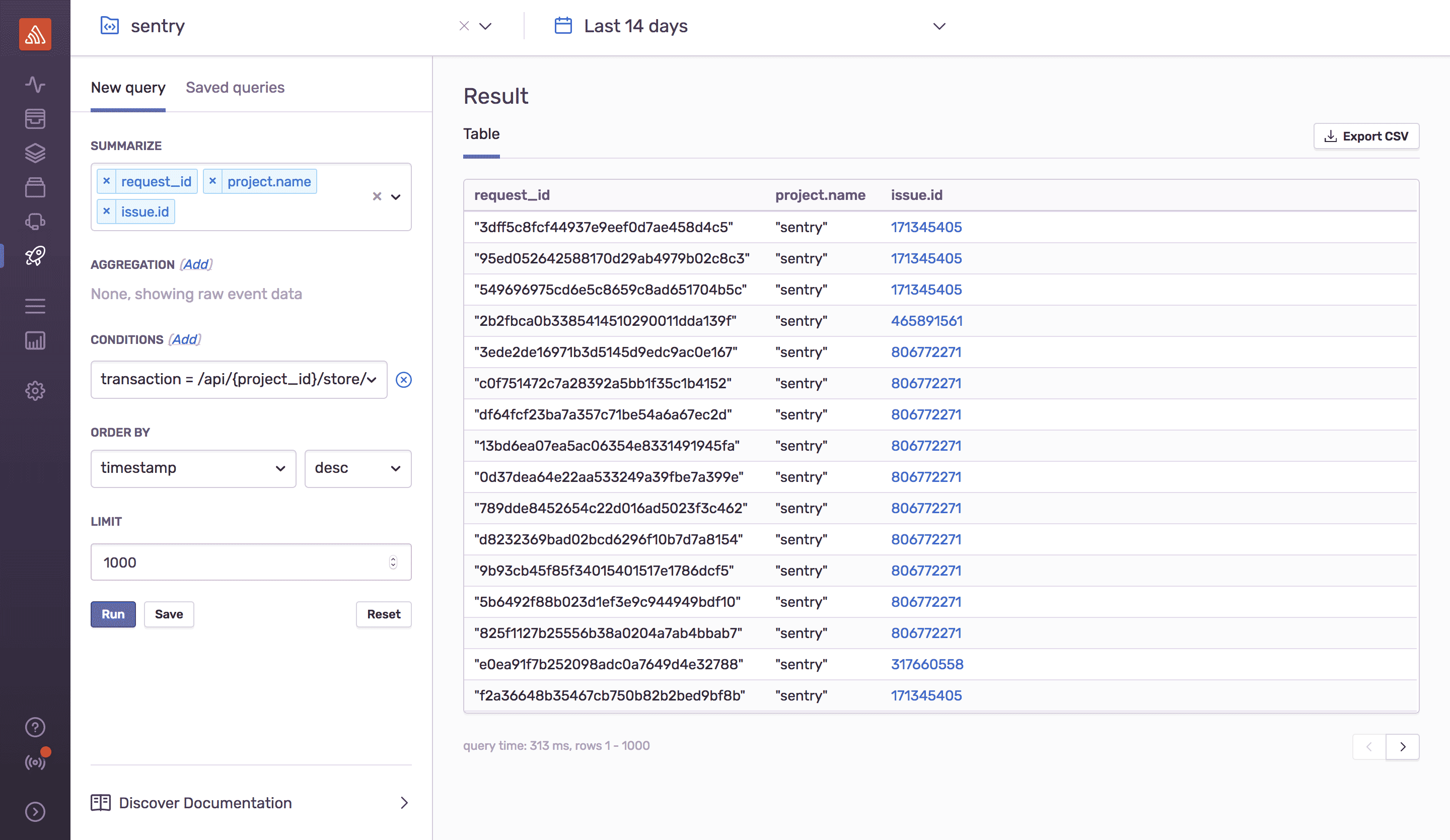 Sentry Discover request_id