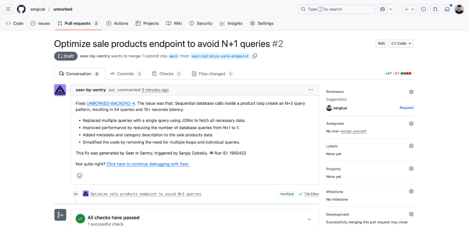 Github PR with Seer's Autofix