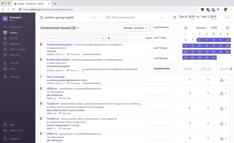Sentry Date Range Filter