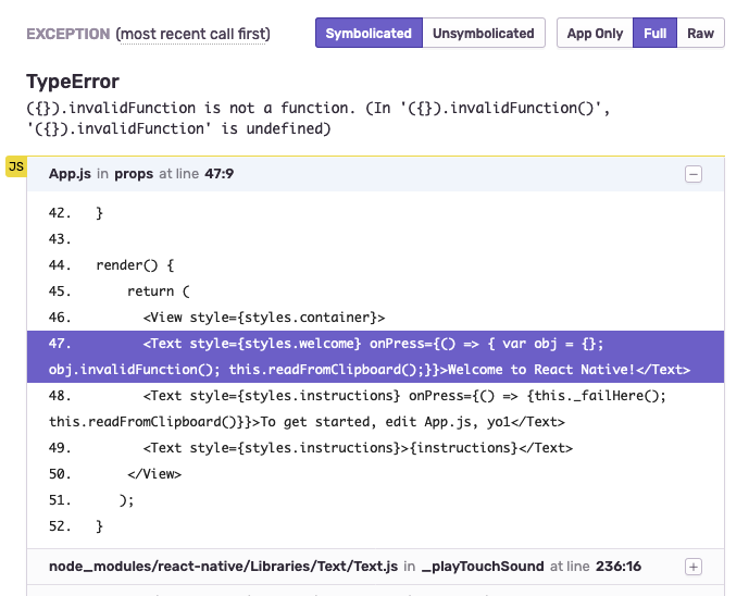Symbolicated stack trace from a React Native app in Sentry