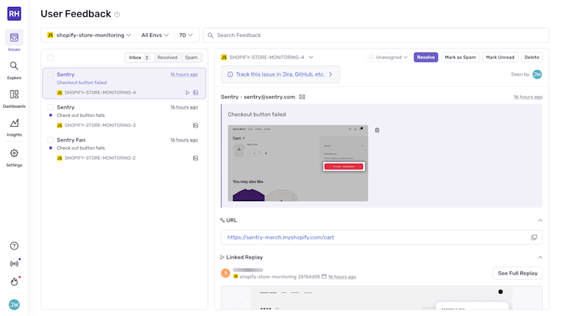 Screenshot of the Sentry User Feedback dashboard showing a reported Shopify checkout issue titled “Checkout button failed,” with an attached screenshot of the error and a linked session replay for debugging.