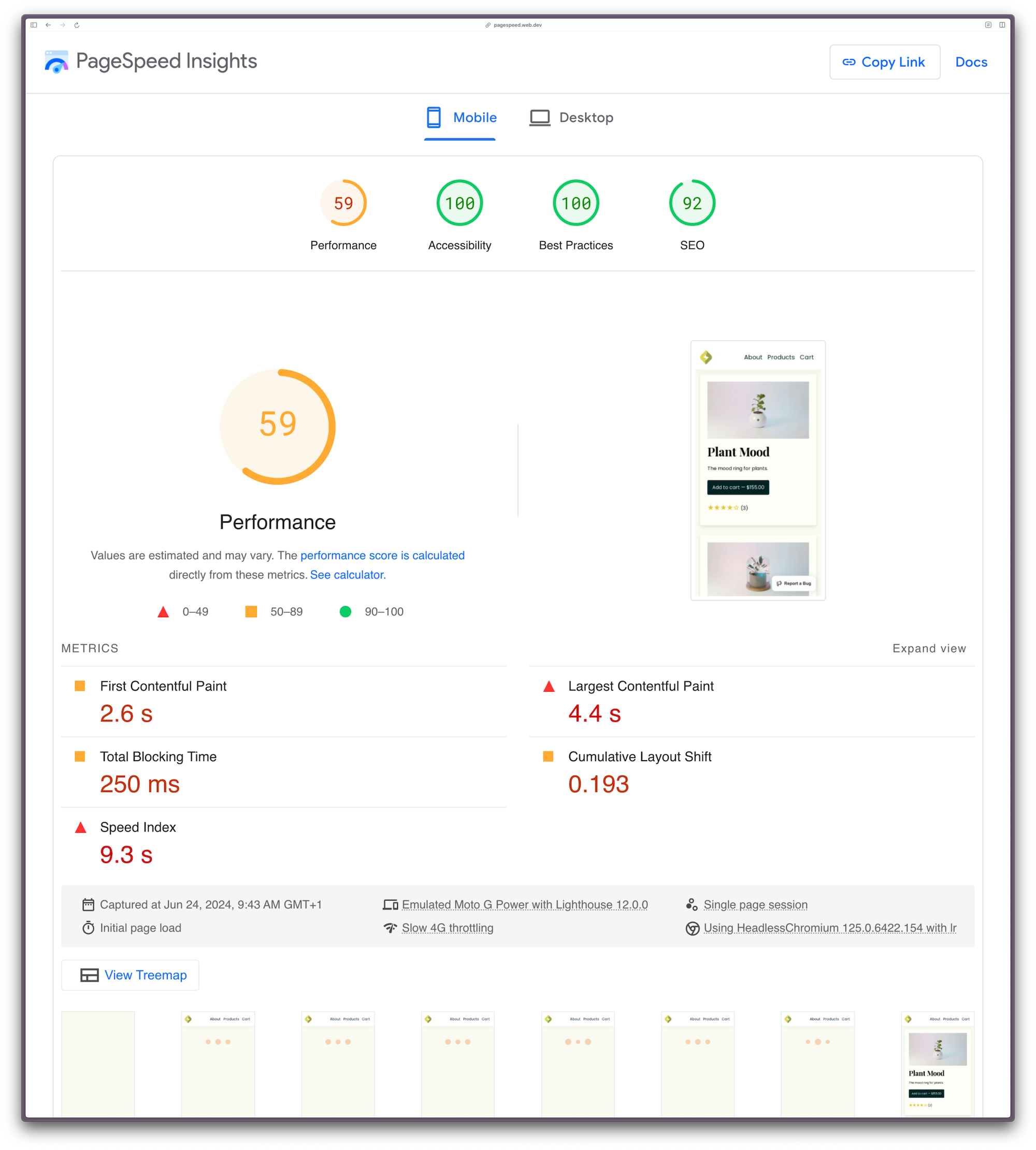 A Page Speed Insights report showing a performance score of 59. FCP is 2.6s. LCP is 4.4s. TBT is 250,s. CLS is 0.193. Speed Index is 9.3s.