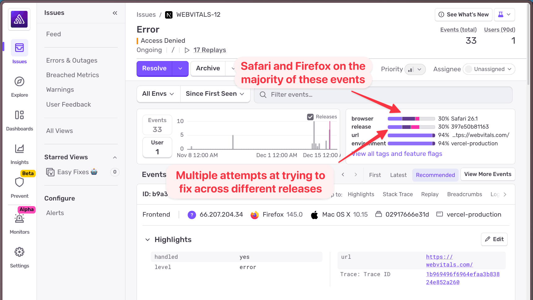 Screenshot of an error monitoring dashboard showing an “Access Denied” issue (WEBVITALS-12) with 33 events. Annotations highlight Safari and Firefox as the majority browsers and note multiple fix attempts across different releases.