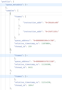 An example of a JSON profile payload, which contains a list of samples that each contain a timestamp and a list of frames (function addresses).
