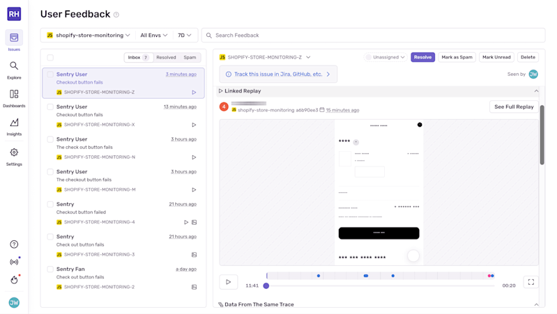 Screenshot of the Sentry User Feedback dashboard showing multiple “Checkout button fails” reports from the Shopify store monitoring project, with a linked session replay preview displayed on the right.