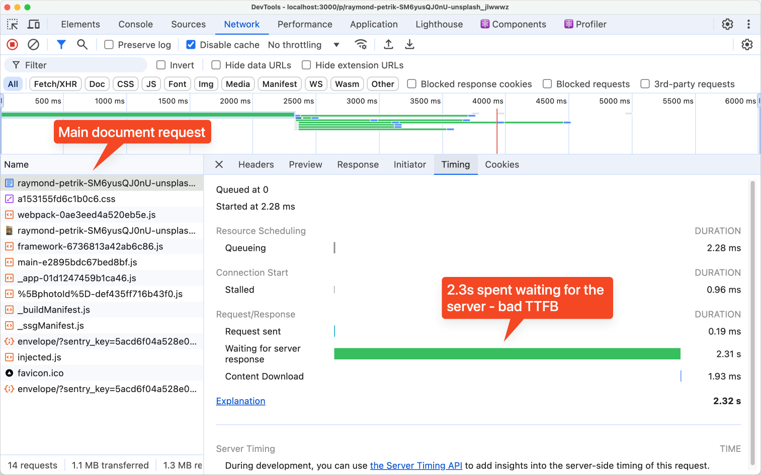 Screenshot of Chrome DevTools showing a slow-loading page