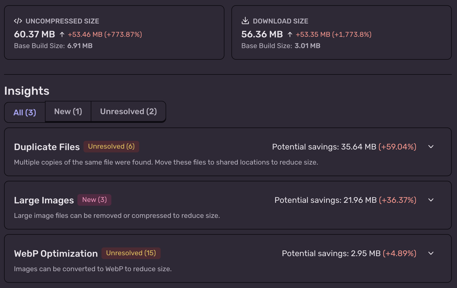 Build insights page showing uncompressed size and download size metrics, followed by a list of optimization insights including duplicate files, large images, and WebP optimization with potential size savings.
