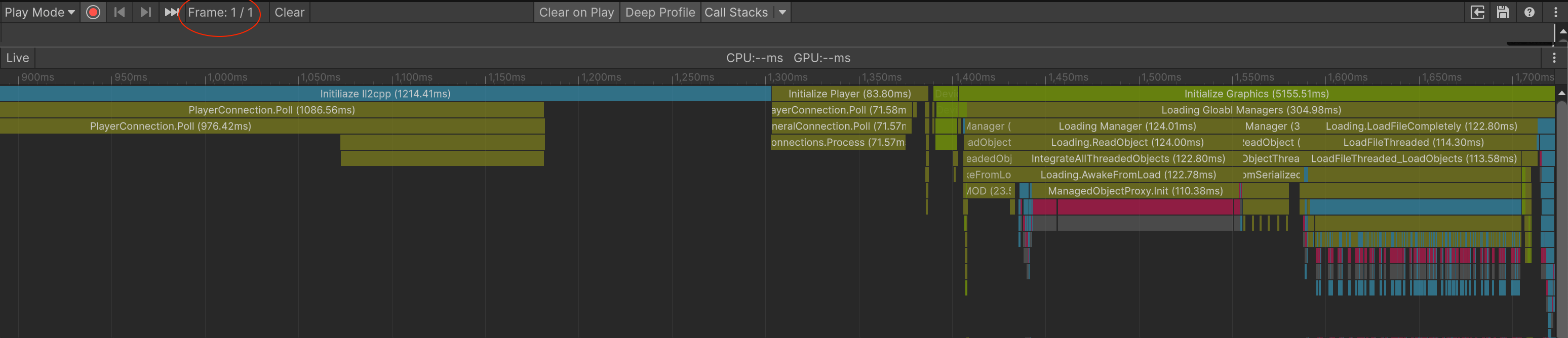 Screenshot from Unity showing a diagram of what is loaded on the very first frame.