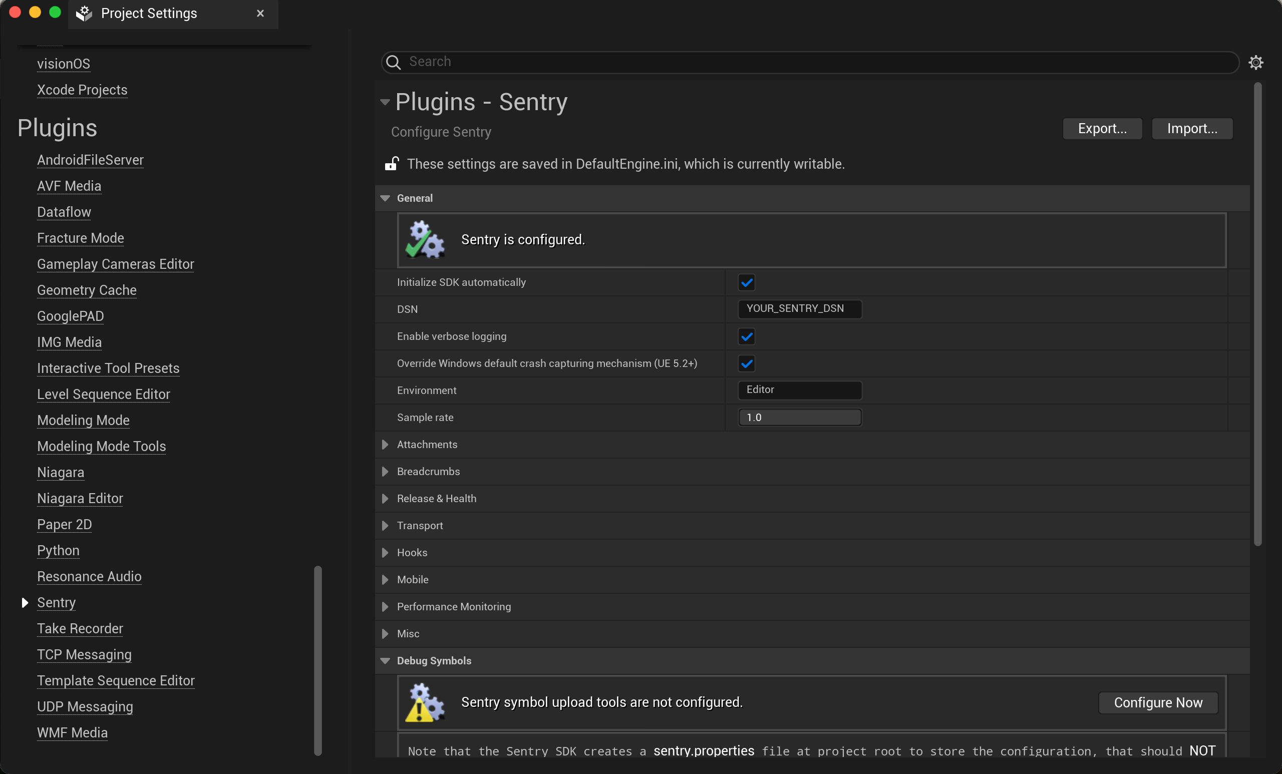 A screenshot of the Unreal Engine editor with Project Settings open to the Sentry Plugin demonstrating all of the options that installing the Sentry SDK provides for Unreal game developers.