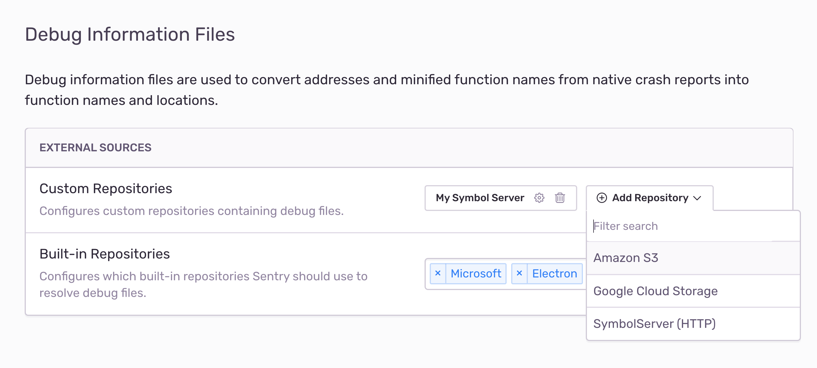 Adding custom symbol server in Sentry's Debug Information Files settings.