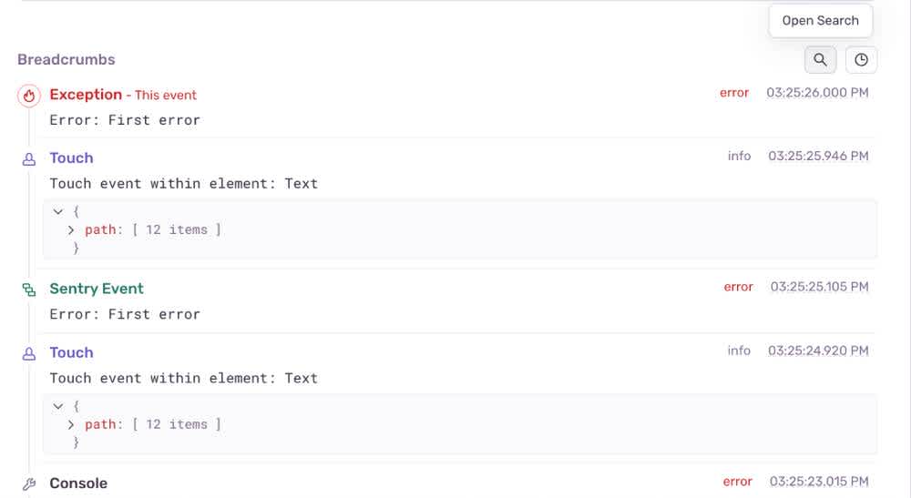 The breadcrumbs section of the test error page.