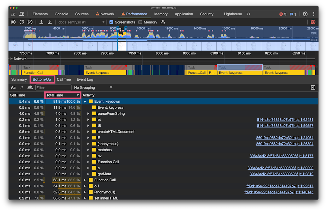 Bottom up tab with events sorted by total time descending.