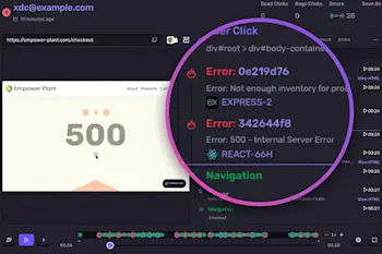 Sentry Session Replay showing a user session on empower-plant.com with clicks, navigation, and two key errors during checkout: out-of-stock and 500 server error.
