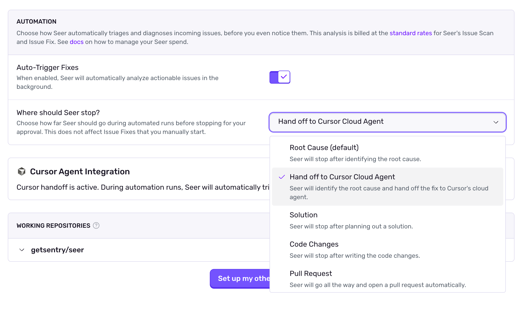 Settings panel showing the “Where should Seer stop?” dropdown with the option “Hand off to Cursor Background Agent” selected. Other options include Root Cause, Solution, Code Changes, and Pull Request.