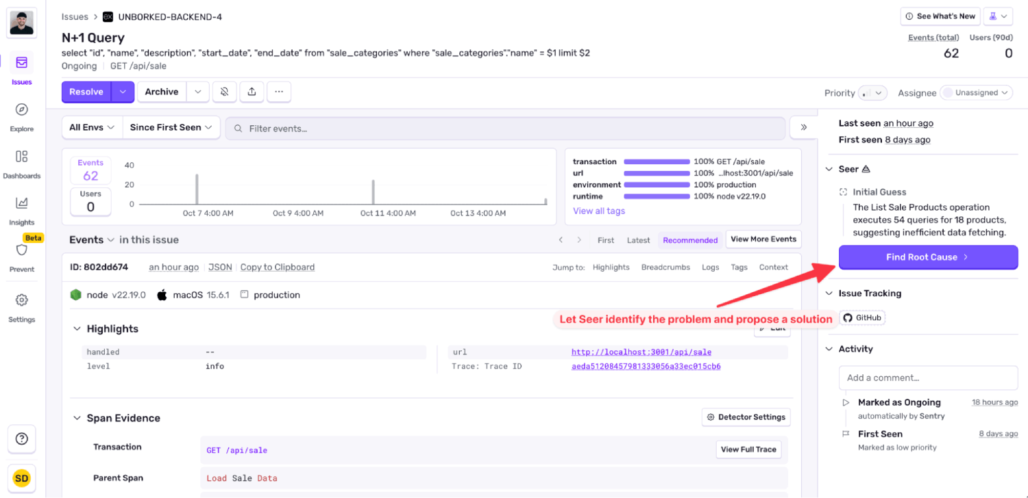 Issue view with Seer Find Root Cause button highlighted