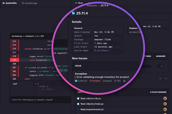 Sentry issue view showing an unhandled exception in src/main.py at line 279: “Error validating enough inventory for product.” Includes code context, release details, and related file changes in the empower.flask package.