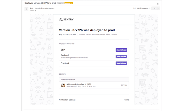 A deploy email from Sentry