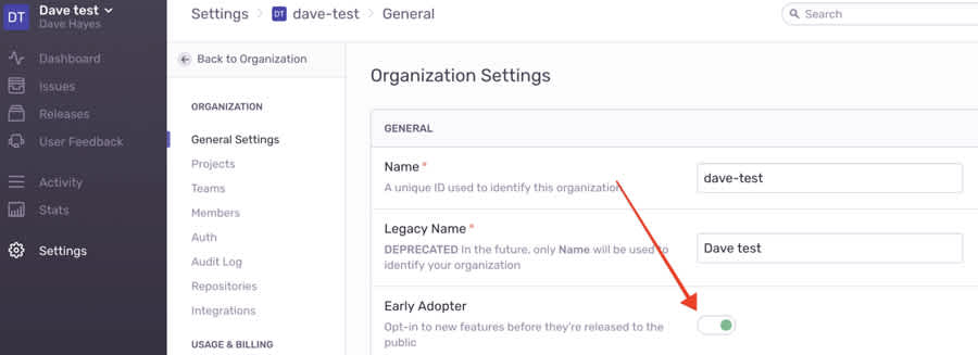 Sentry Early Adopter Settings