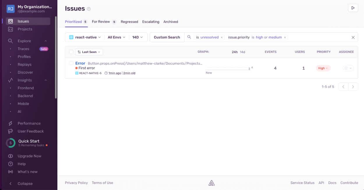 The Sentry Issues page showing a test error.