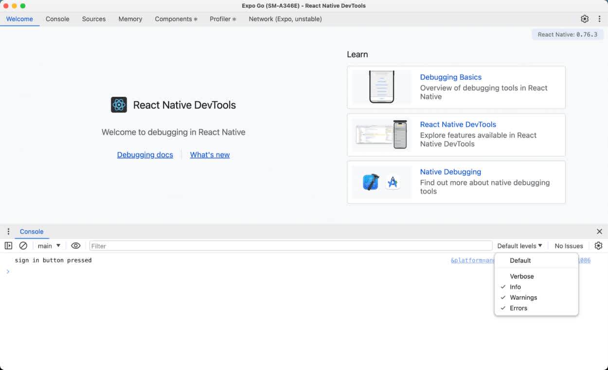 Start screen example of the React Native DevTools
