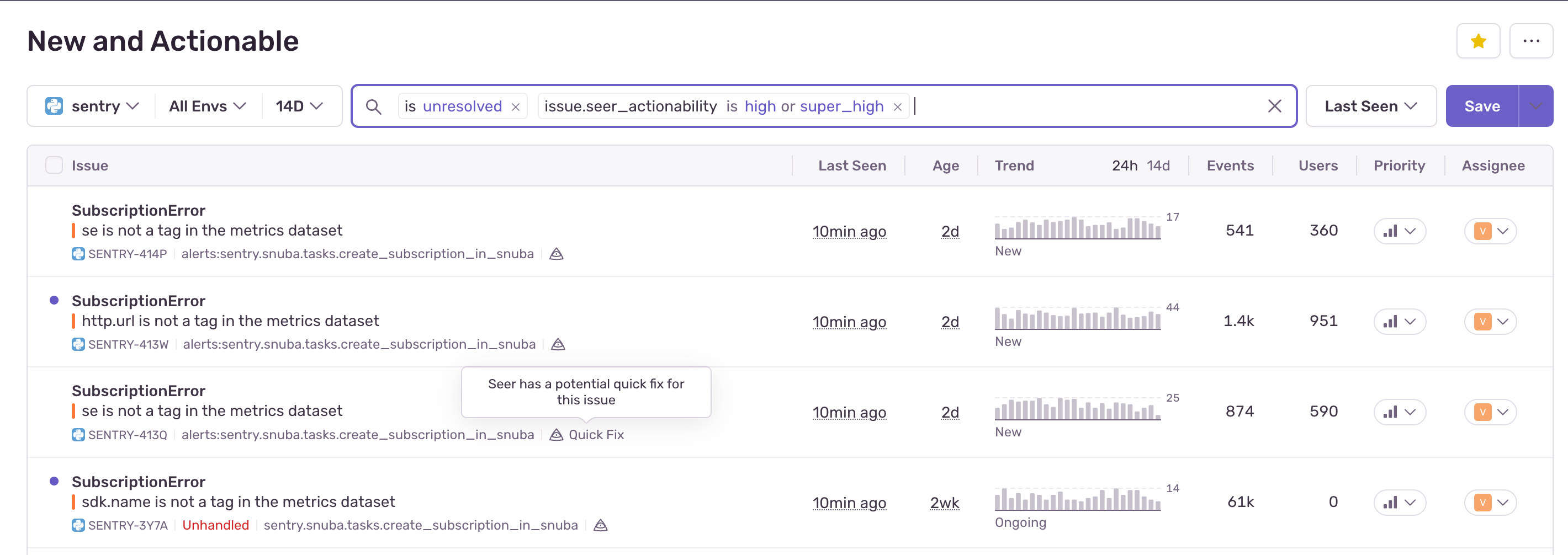 Screenshot of the “New and Actionable” issues view in Sentry’s dashboard. A search filter is applied: unresolved issues with issue.seer_actionability set to super_high.
The list shows several “SubscriptionError” issues with tags like se is not a tag in the metrics dataset and http.url is not a tag in the metrics dataset.
Each issue displays status info such as age, last seen, event count, users affected, priority, and assignee.
A tooltip is visible over one issue that says: “Seer has a potential quick fix for this issue.”