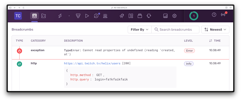 breadcrumbs showing the exception caused by TypeError: cannot read properties of undefined, and the previous event being an HTTP request to the Twitch API, asking it to get user data via a login name, and returning an HTTP 200 status code.