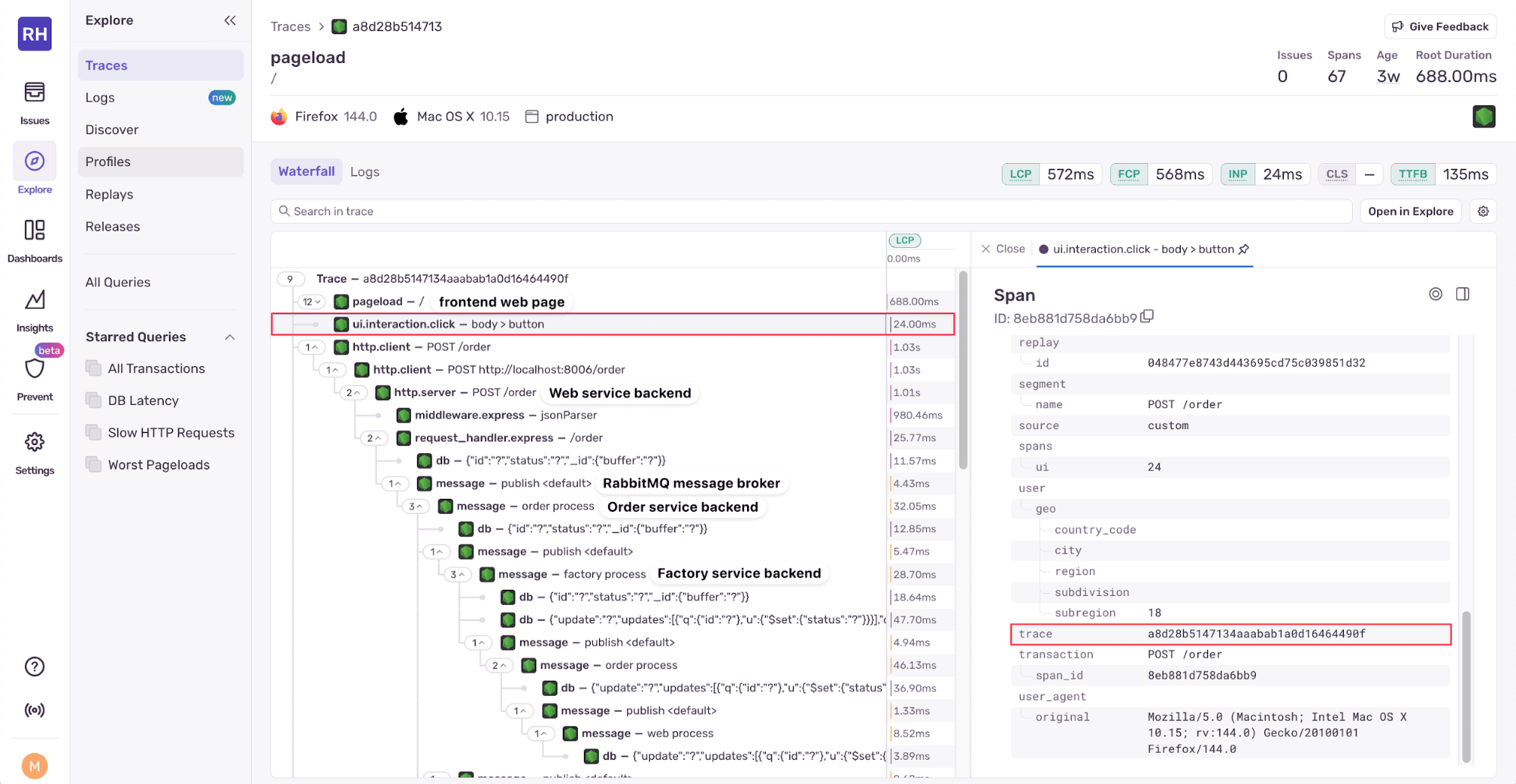 Sentry pageload trace waterfall with a highlighted ui.interaction.click span and span details on the right.
