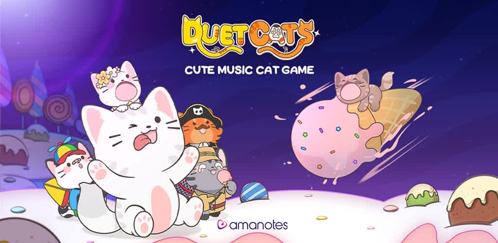 Promotional image of the game Duet Cats, showing cats sitting a group and another cat sitting on a big ice cream cone to the right.
