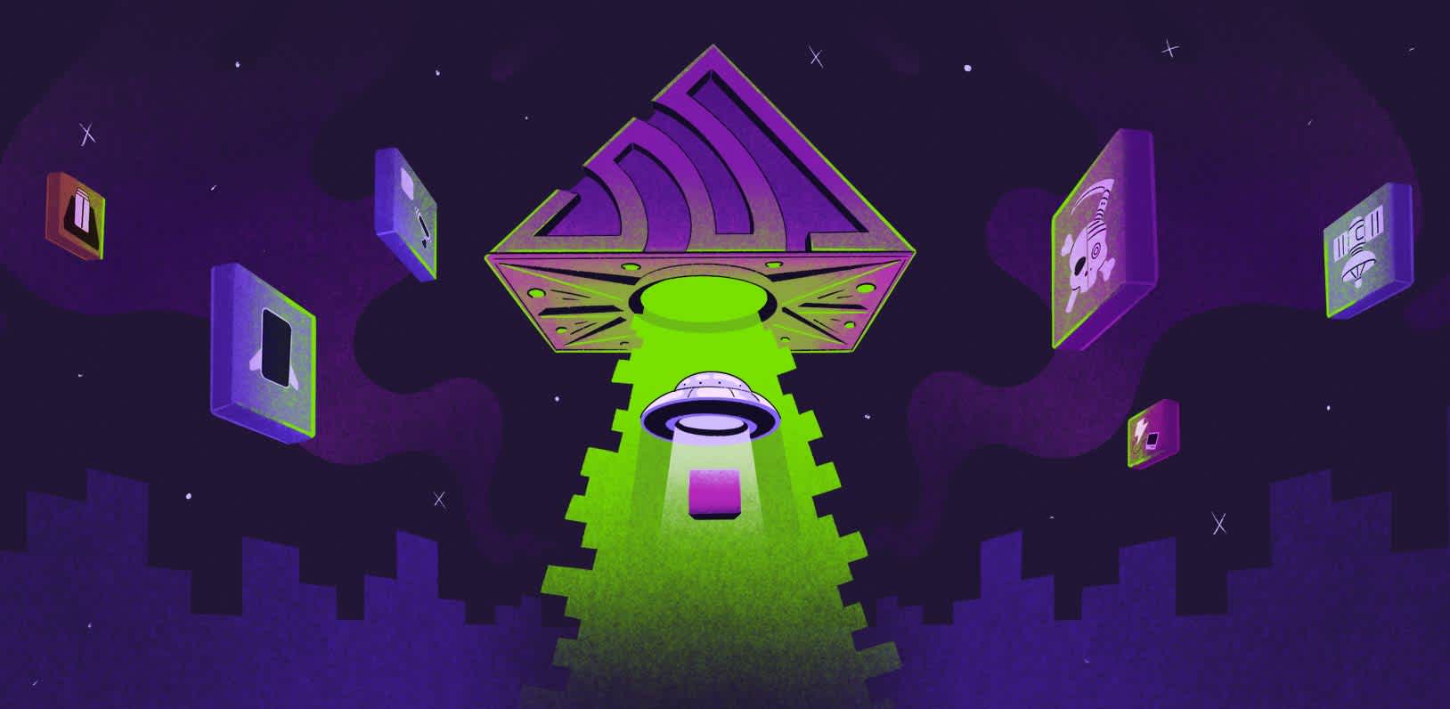 Futuristic illustration depicting a dark purple night sky over a silhouetted city skyline. A large, geometrically patterned purple and black triangular structure hovers centrally, emitting a bright green tractor beam downwards. A small, classic UFO is positioned within this beam below the main structure. Several floating rectangular screens displaying abstract patterns are scattered around the scene.