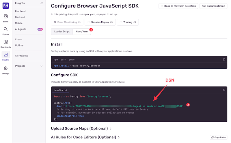 Screenshot of the Sentry interface showing the ‘Configure Browser JavaScript SDK’ page with highlighted DSN value in the JavaScript setup example, used to connect a Shopify app or website to Sentry for session replay and error monitoring.