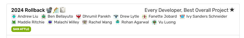 A screenshot of the 2024 Rollback being hack week winner for "Every Developer" and "Best Overall Project"