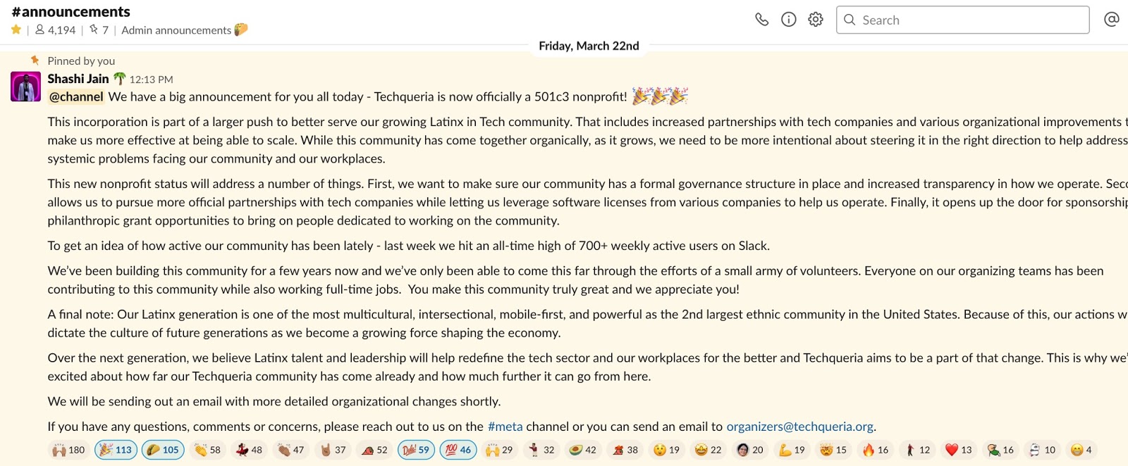 Slack channel announcement with Techqueria updates, including 501c3 status.