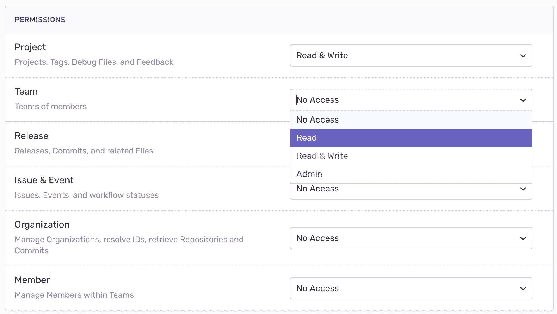 A list of permissions and permission options for internal integrations, including project, team, release, issue & event, organization, and member.