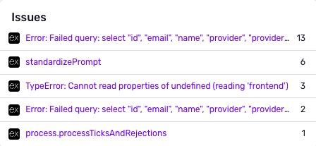 Table with issues and error counts by error type