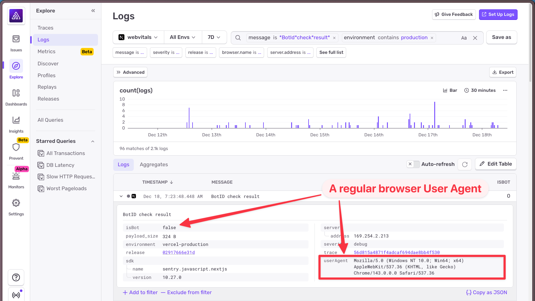 Screenshot of a logs dashboard with a detailed log entry expanded, highlighting a “BotID check result” showing isBot false and a regular browser user agent string, with arrows pointing to the user agent and bot status fields.