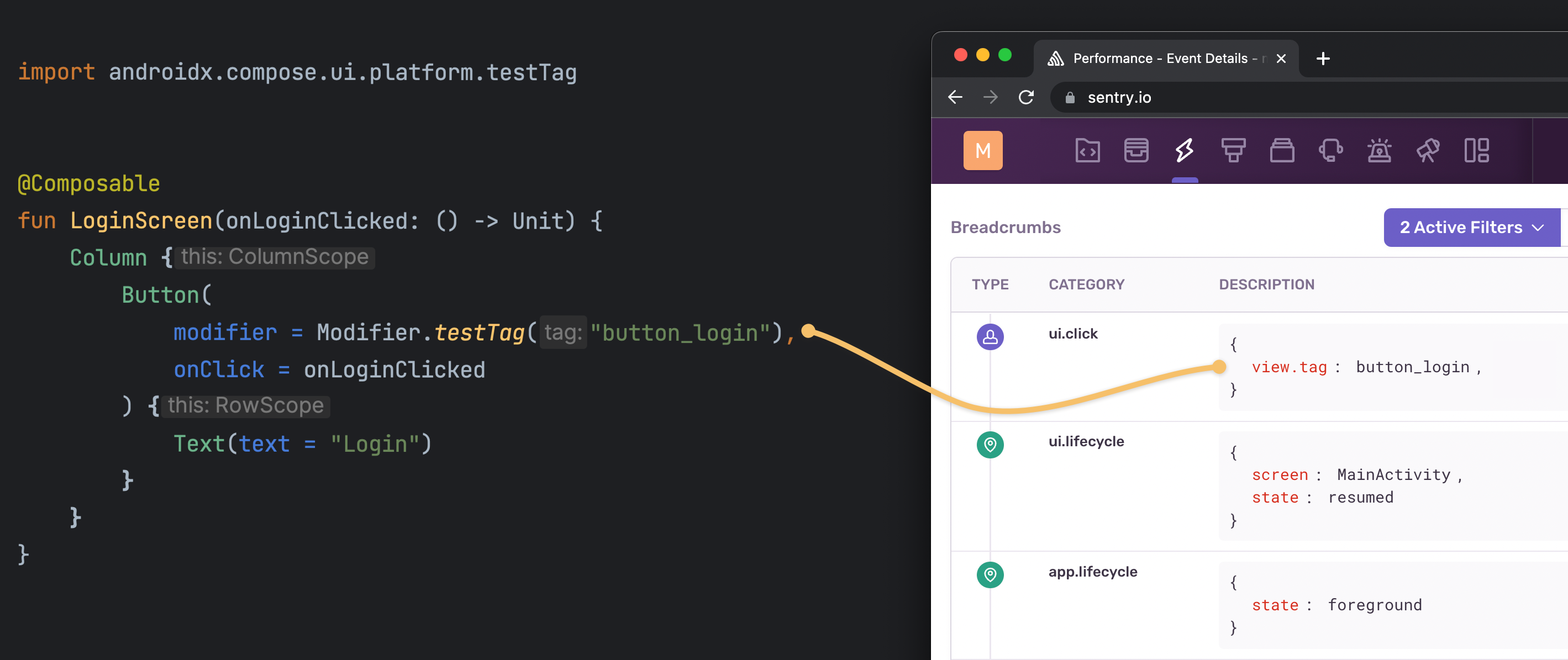 Showing Jetpack Compose code linked to a Sentry breadcrumb.
