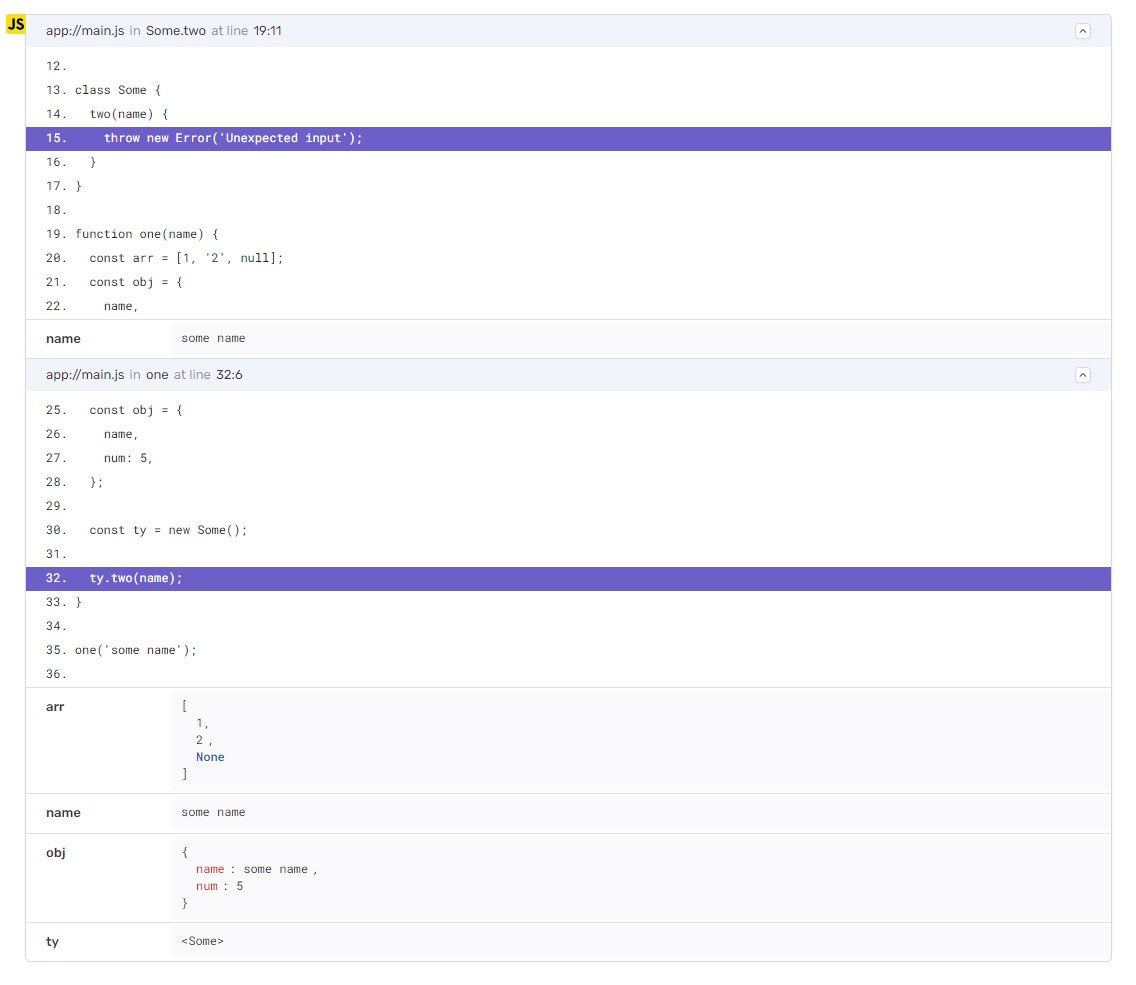 This is a screenshot from Sentry where an error occurred in a NodeJS application and you can see the local variables and their values from within the Sentry interface.