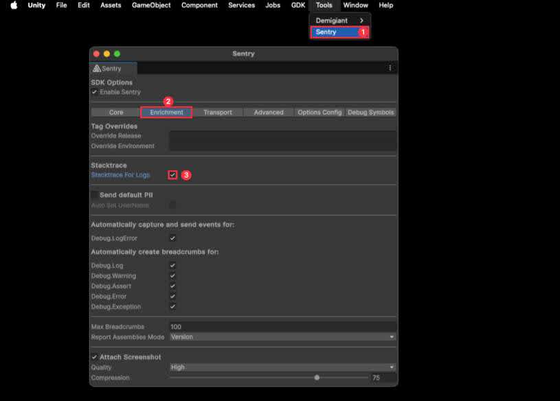 The steps to enable stacktrace for logs in Unity