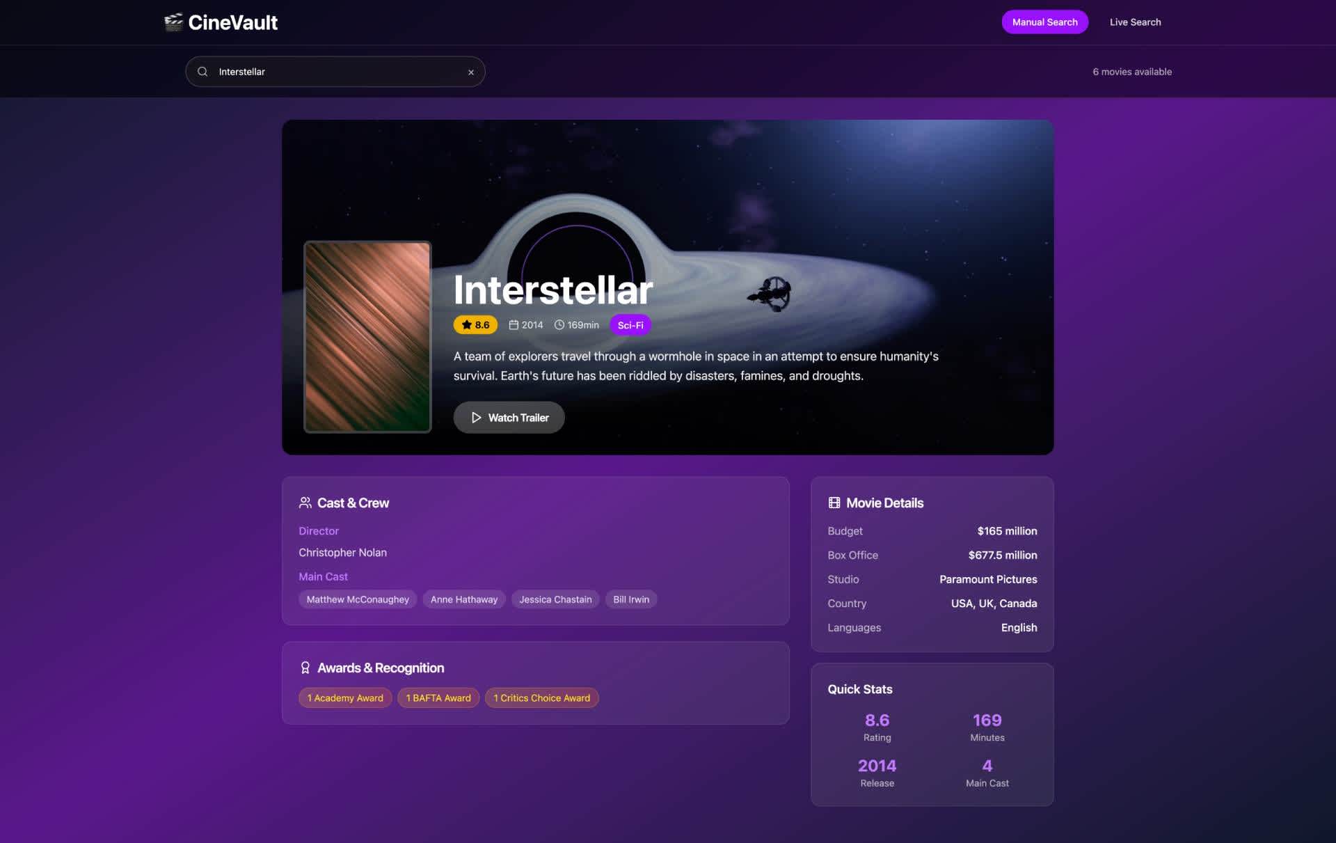 Screenshot of the example app, showing info about the movie Interstellar.