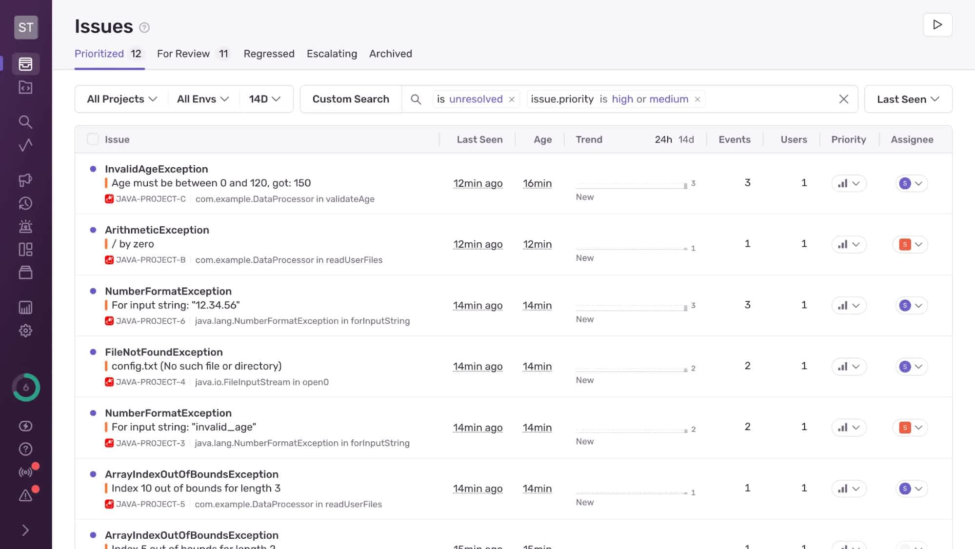 The Sentry Issue dashboard with a list of java exceptions