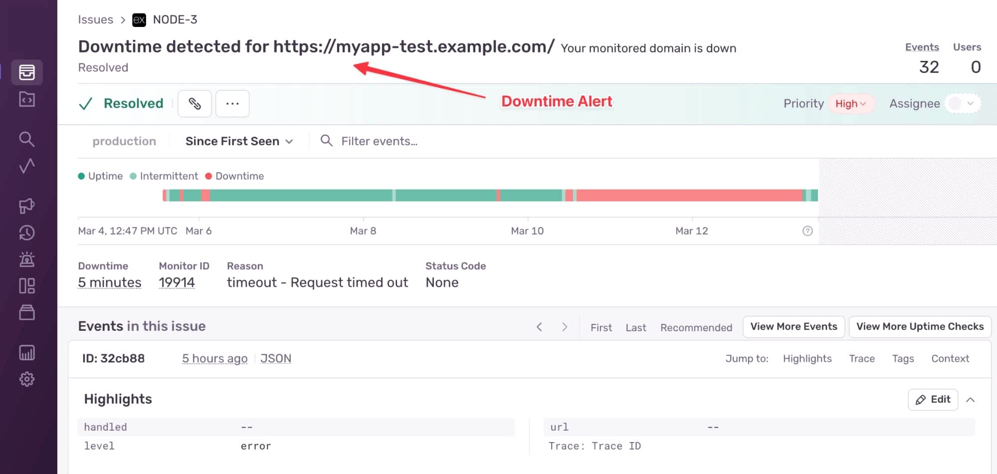 Screenshot from Sentry showcasing the downtime alert, pointing out the "Downtime detected" title.