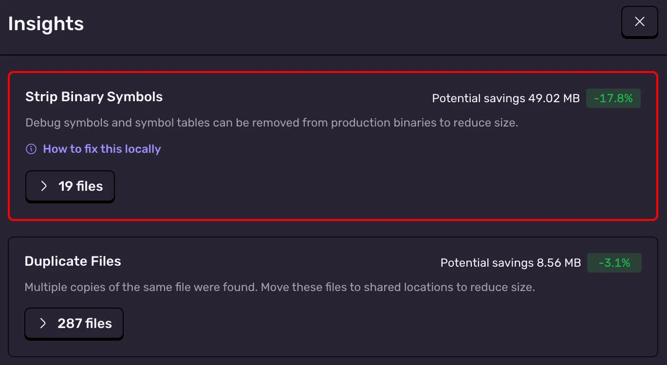 The insights section of Size Analysis, showing potential file size savings and what to delete to achieve that