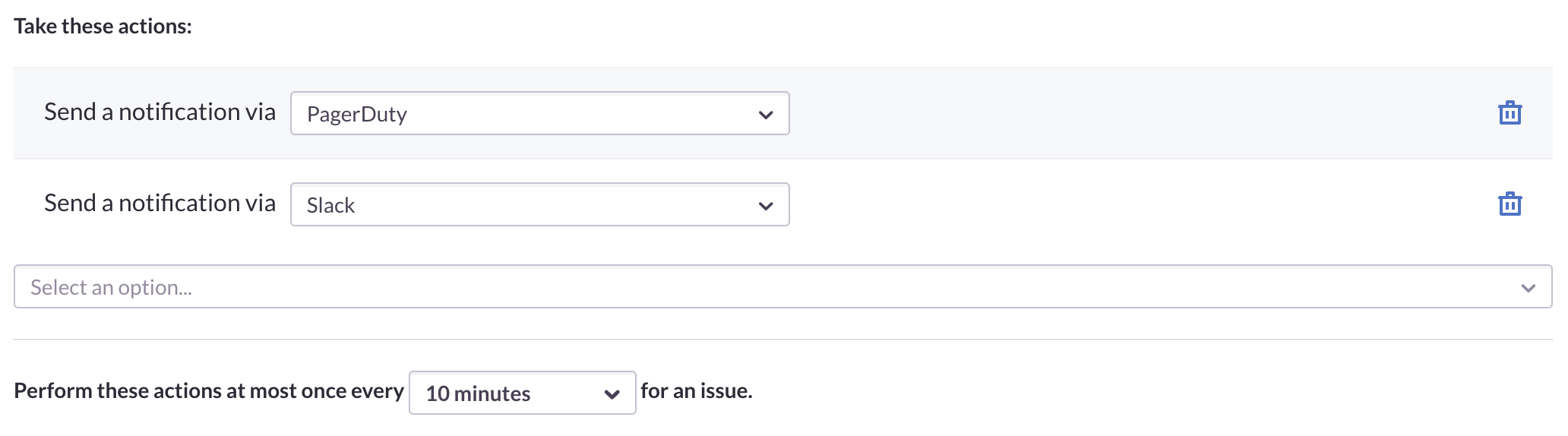 Example alert thresholds within Sentry