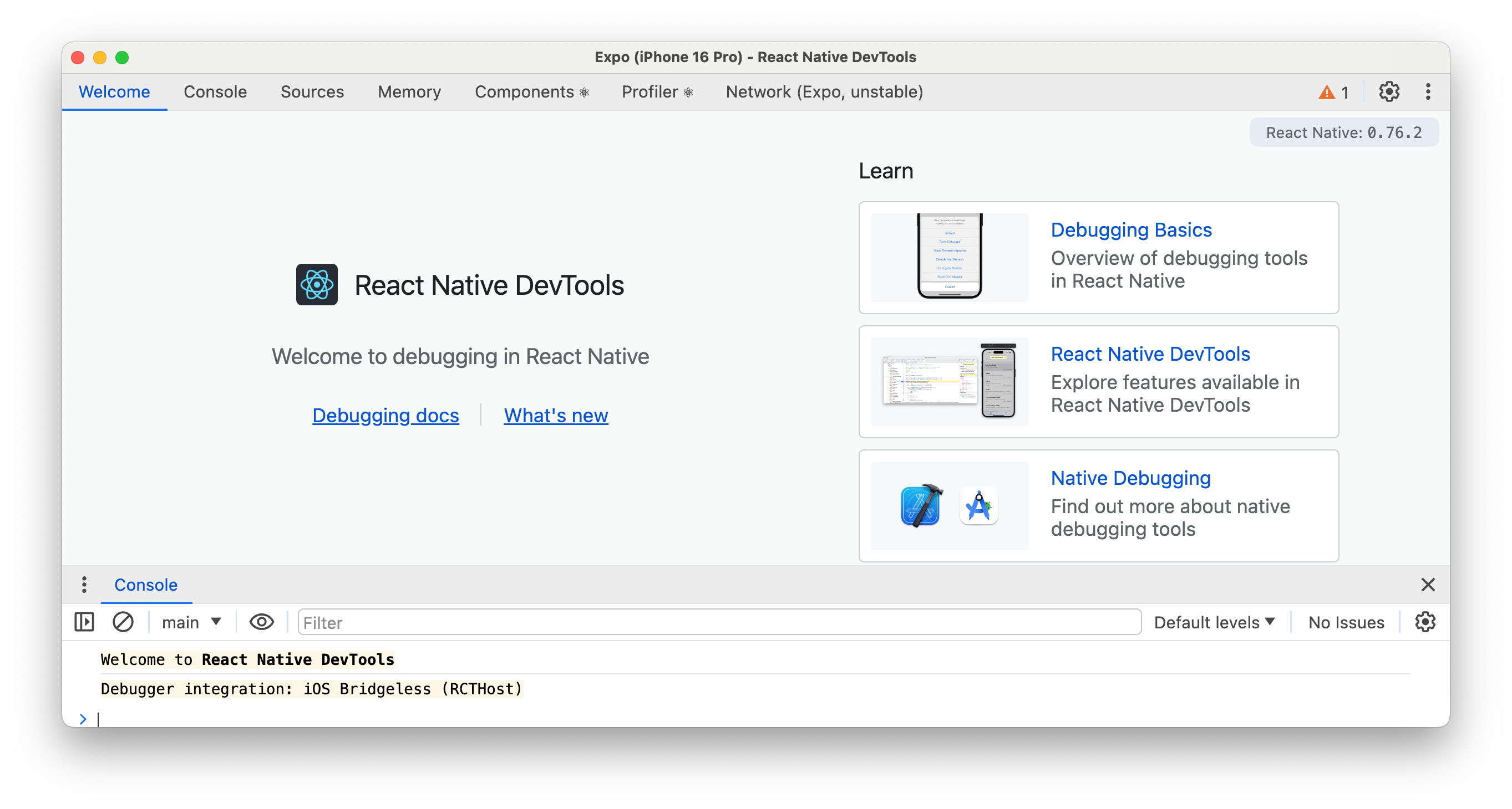 React Native new DevTools window, similar to web debugging tools