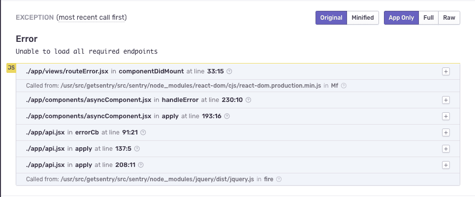 Generated stack trace from Sentry